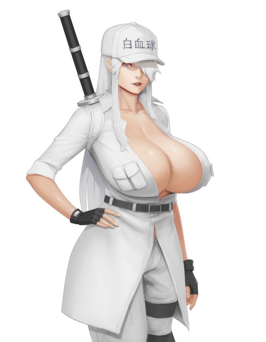 1girl belt black_gloves blue_eyes breasts fingerless_gloves gloves hair_over_one_eye hand_on_hip hat hataraku_saibou hataraku_saibou_black highres katana large_breasts long_hair open_clothes silver_hair solo sword u-1196 weapon white_background white_blood_cell_(hataraku_saibou)