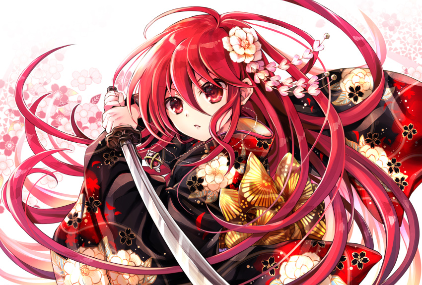 1girl ahoge bangs black_kimono commentary_request eyebrows_visible_through_hair floral_background floral_print flower hair_between_eyes hair_flower hair_ornament hands_up highres holding holding_sword holding_weapon japanese_clothes katana kimono long_hair long_sleeves looking_at_viewer parted_lips print_kimono red_eyes redhead shakugan_no_shana shana simple_background solo sword tachitsu_teto two-handed very_long_hair weapon white_background white_flower wide_sleeves
