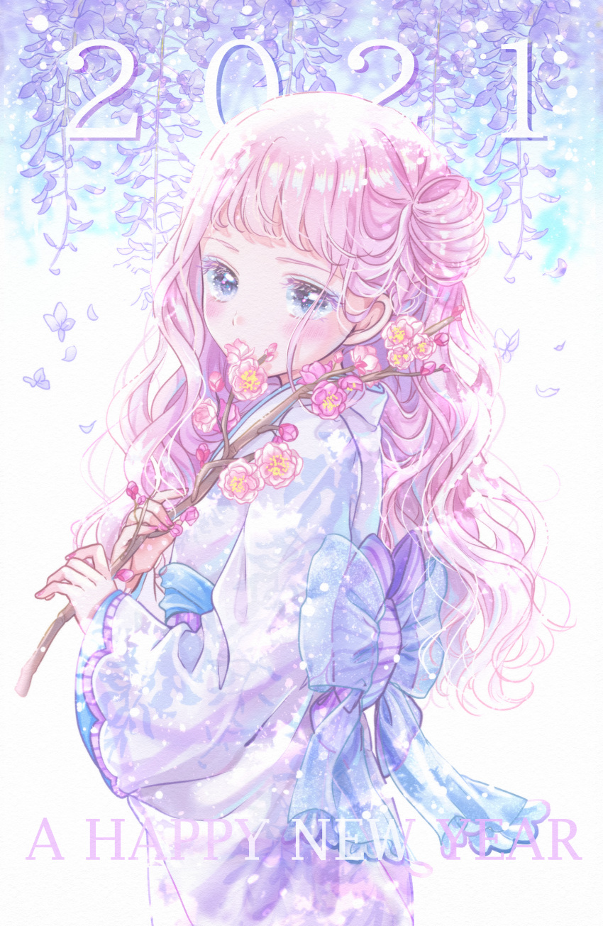 1girl 2021 absurdres blue_eyes blue_ribbon curly_hair english_text flower flower_over_mouth highres holding_plant japanese_clothes kimono kousagi large_ribbon long_hair long_sleeves new_year original pink_hair plant ribbon solo