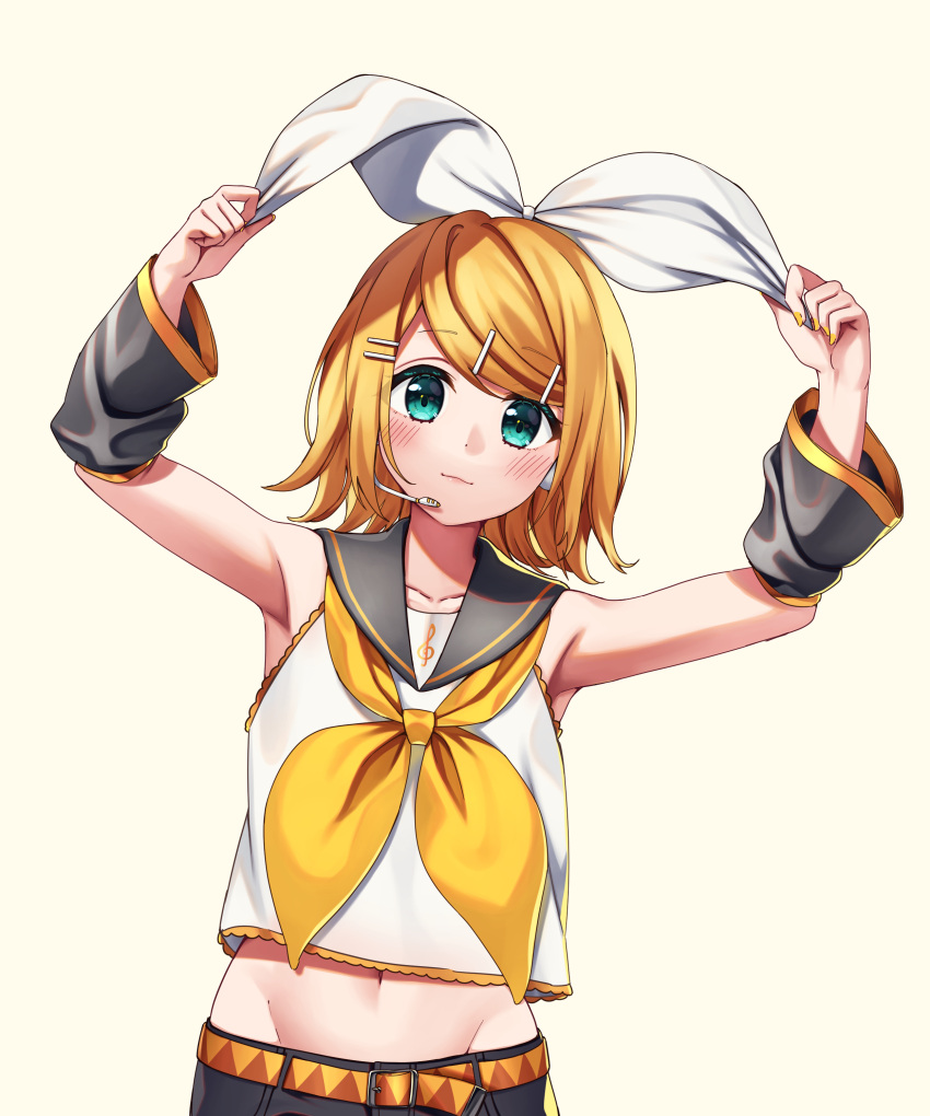 1girl absurdres armpits bangs bare_shoulders black_sailor_collar black_shorts black_sleeves blonde_hair blue_eyes blush bow closed_mouth collarbone commentary cowboy_shot detached_sleeves eyebrows_visible_through_hair flat_chest groin hair_between_eyes hair_bow hair_ornament hairclip hands_up headset highres holding holding_bow inu8neko kagamine_rin looking_at_viewer midriff navel neckerchief sailor_collar shirt short_hair shorts sidelocks simple_background sleeveless sleeveless_shirt solo standing swept_bangs treble_clef vocaloid white_background white_bow white_shirt yellow_belt yellow_neckwear