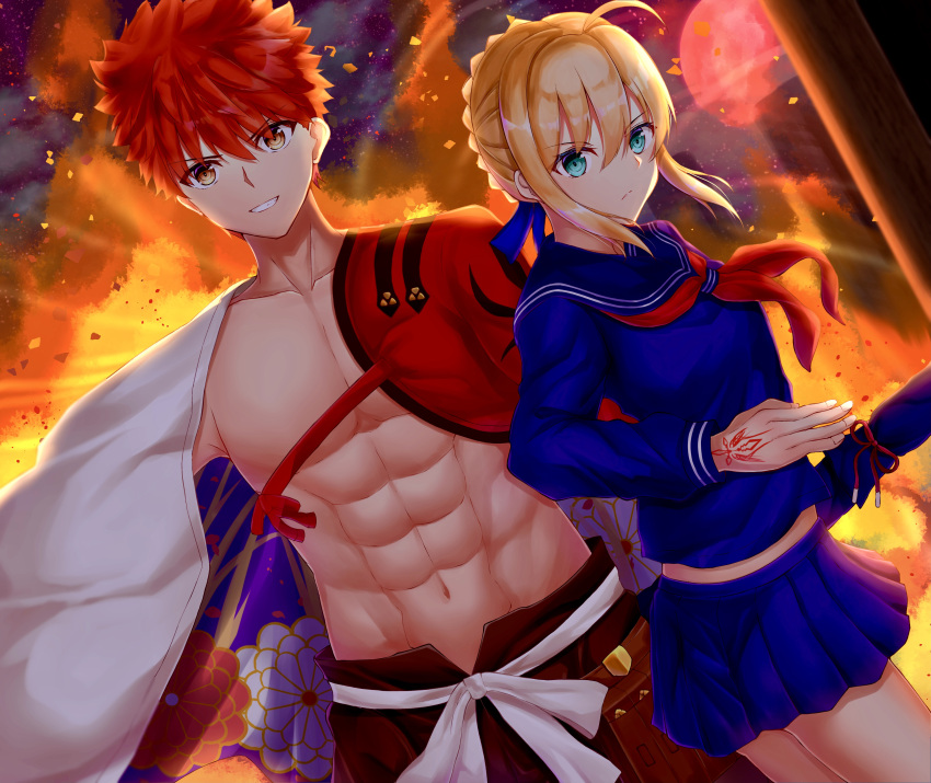 1boy 1girl abs absurdres ahoge artoria_pendragon_(all) bag blonde_hair blue_serafuku braid cape capsule_servant command_spell emiya_shirou fate/grand_order fate/stay_night fate_(series) french_braid green_eyes hair_ribbon highres holding igote limited/zero_over looking_at_viewer master_artoria neckerchief orange_hair pleated_skirt redhead ribbon role_reversal school_bag school_uniform sengo_muramasa_(fate) shinai shirtless short_hair sidelocks single_bare_shoulder skirt smile sword toned toned_male toukan weapon weapon_bag what_if yellow_eyes