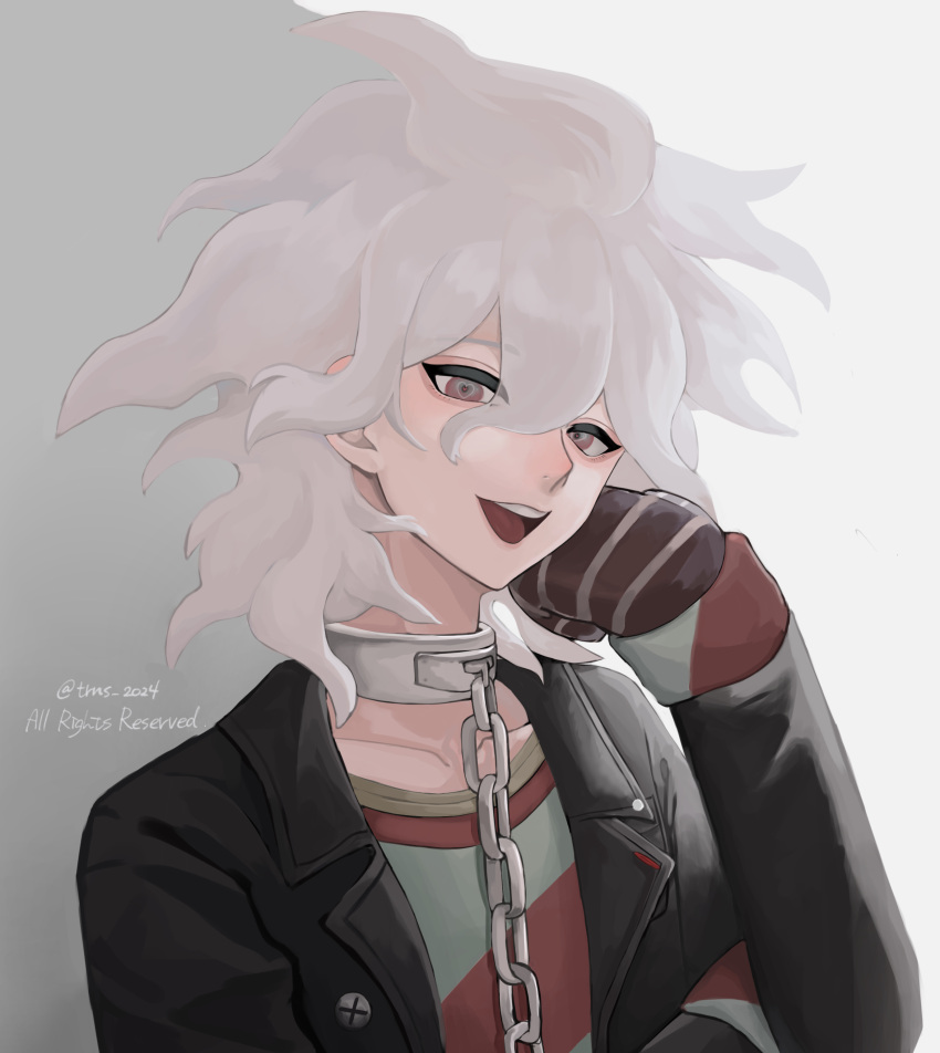 1boy :d absurdres bangs black_jacket brown_gloves chain chained cheek_rest collar collarbone commentary_request dangan_ronpa_(series) dangan_ronpa_another_episode:_ultra_despair_girls gloves grey_background grey_hair hair_between_eyes hand_on_own_cheek hand_on_own_face heart heart_in_eye highres jacket komaeda_nagito leather leather_jacket long_sleeves looking_at_viewer male_focus medium_hair messy_hair metal_collar open_clothes open_mouth shirt smile solo striped striped_gloves striped_shirt symbol_in_eye tms_2024 two-tone_background upper_body upper_teeth white_background