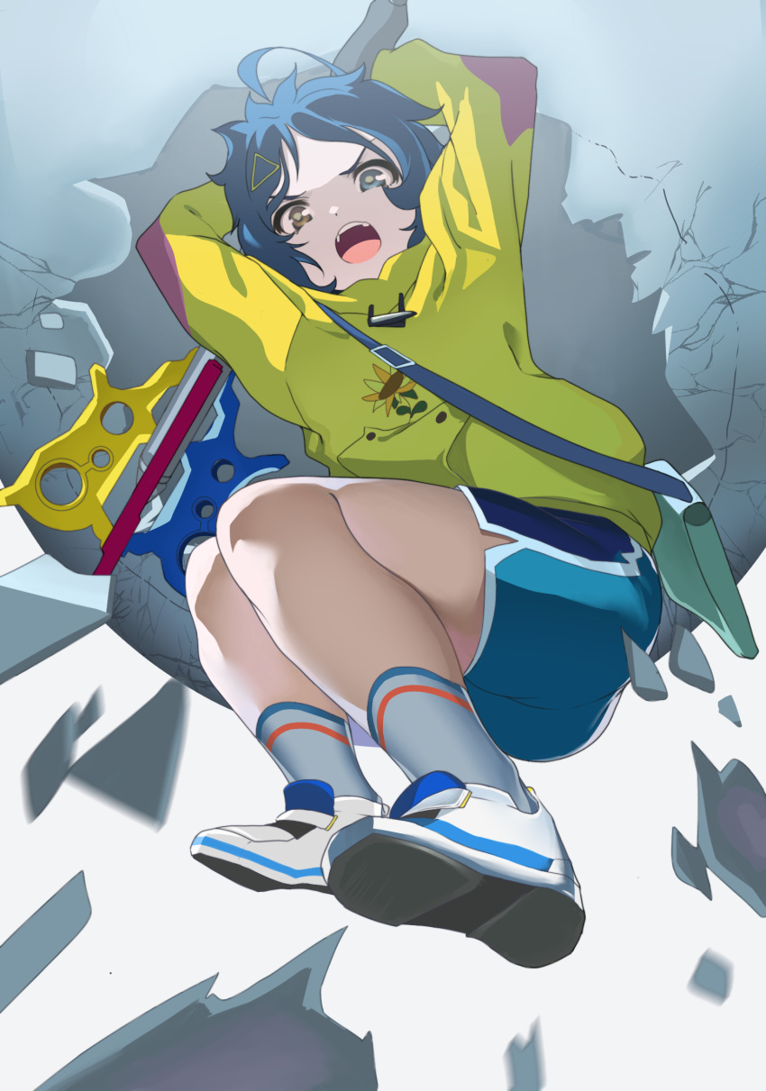 1girl angry arms_up blue_hair blue_shorts dark_blue_hair eggshell hair_ornament hairclip heterochromia highres holding holding_weapon hood hood_down hoodie long_sleeves ooto_ai open_mouth sakurami_sumi shoes short_hair shorts sneakers solo weapon wonder_egg_priority yellow_eyes yellow_hoodie