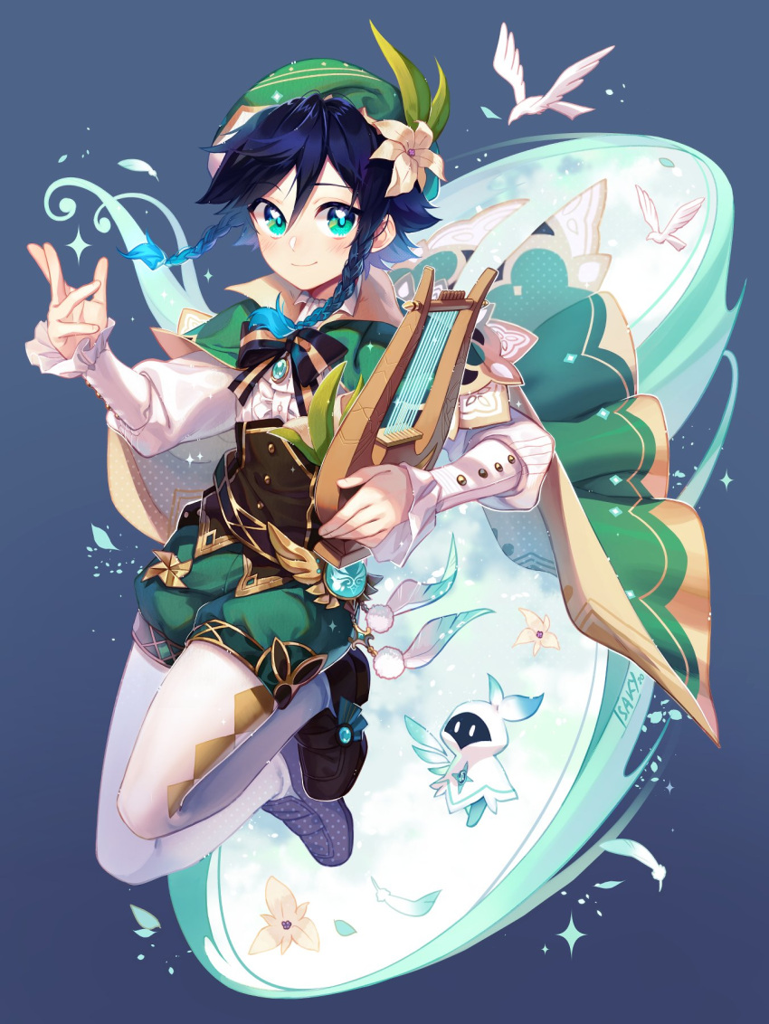 1boy androgynous animal bangs bird black_hair blue_hair blush bow braid cape dove eyebrows_visible_through_hair feathers flower frilled_sleeves frills gem genshin_impact gradient_hair green_eyes green_headwear hair_flower hair_ornament hat highres holding holding_instrument instrument isakysaku jewelry leaf long_sleeves looking_at_viewer lyre male_focus multicolored_hair ribbon simple_background smile solo sparkle twin_braids venti_(genshin_impact) vision_(genshin_impact) white_flower white_legwear