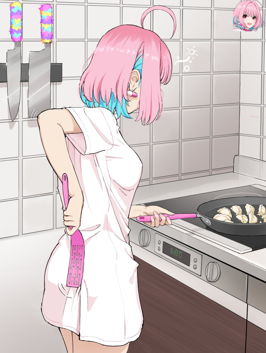 1girl ahoge belt_collar choker collar cooking cowboy_shot dumpling earrings english_commentary fang food from_behind frying_pan giganticbuddha hair_intakes highres idolmaster idolmaster_cinderella_girls indoors jewelry jiaozi kitchen knife motion_lines multicolored_hair off-shoulder_shirt off_shoulder open_mouth oversized_clothes oversized_shirt pill pill_earrings pink_choker pink_collar pink_eyes pink_hair scratching_ass shirt short_hair spatula stove t-shirt tile_wall tiles two-tone_hair yumemi_riamu