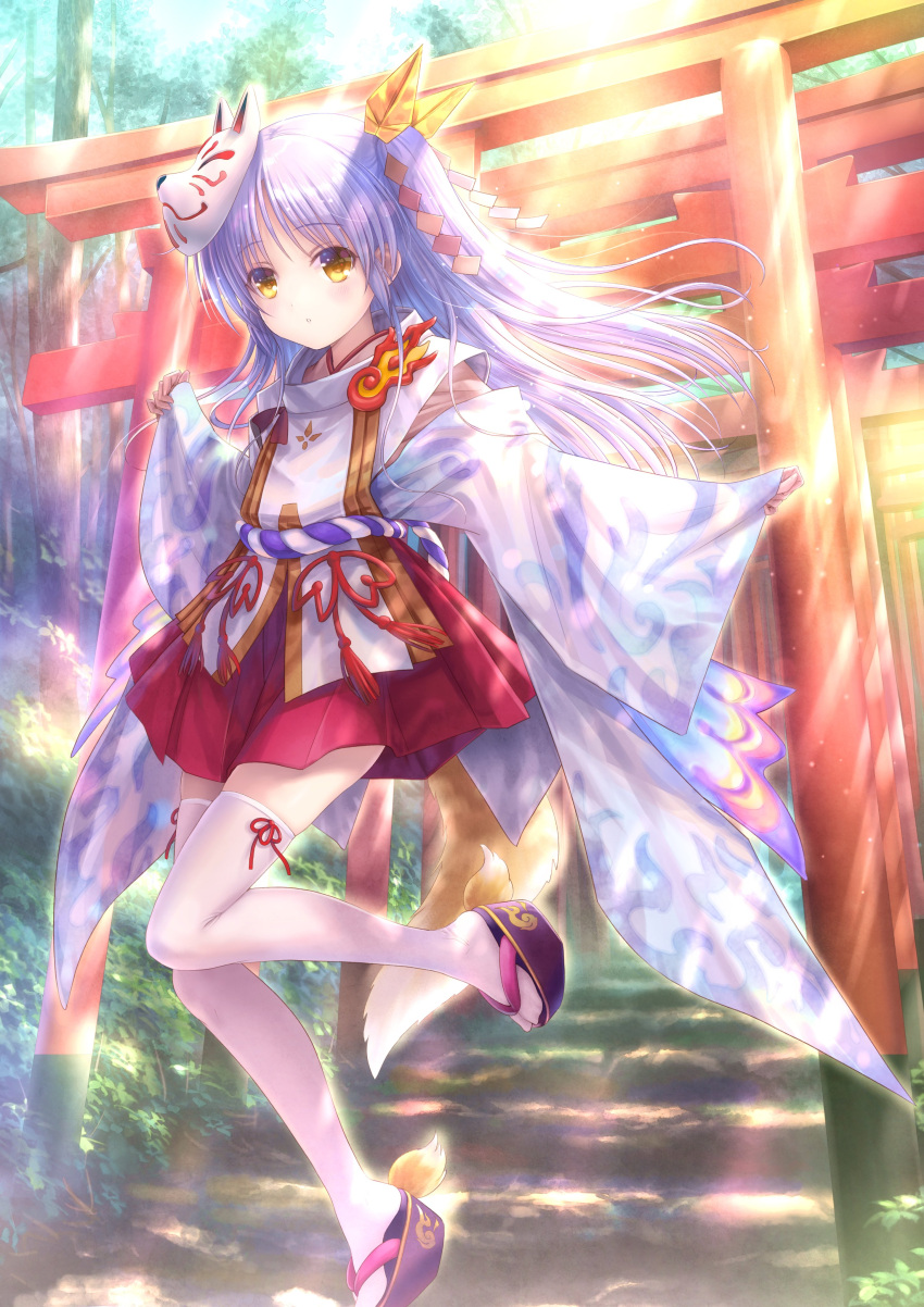1girl absurdres angel_beats! commentary_request fox_mask fox_tail full_body goto_p hakama hakama_skirt highres japanese_clothes long_hair looking_at_viewer mask mask_on_head miko okobo one_side_up red_hakama silver_hair solo stairs tail tachibana_kanade thigh-highs torii tree white_legwear wide_sleeves yellow_eyes