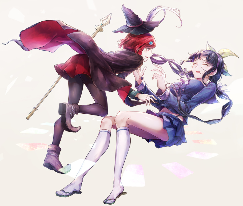 2girls ankle_boots bangs black_cape black_hair black_legwear blue_shirt blue_skirt boots breasts cape chabashira_tenko commentary_request dangan_ronpa_(series) dangan_ronpa_v3:_killing_harmony facing_another goto_(sep) hair_ornament hair_ribbon hat kneehighs layered_skirt long_hair long_sleeves looking_at_another medium_breasts mole mole_under_mouth multiple_girls open_mouth pantyhose red_cape red_skirt redhead ribbon sandals school_uniform serafuku shirt shoes short_hair skirt smile staff twintails two-sided_fabric white_legwear white_ribbon witch_hat yumeno_himiko