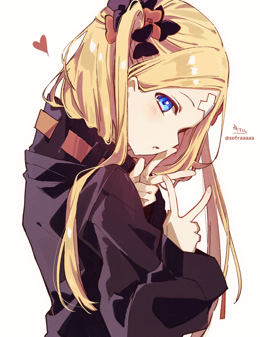 1girl abigail_williams_(fate/grand_order) absurdres alternate_hairstyle bangs black_bow black_jacket blonde_hair blue_eyes blush bow crossed_bandaids double_w fate/grand_order fate_(series) from_side hair_bow hands_up heart heroic_spirit_traveling_outfit highres jacket long_hair long_sleeves looking_at_viewer looking_to_the_side orange_bow parted_bangs profile signature simple_background sleeves_past_wrists sofra solo twitter_username two_side_up very_long_hair w white_background