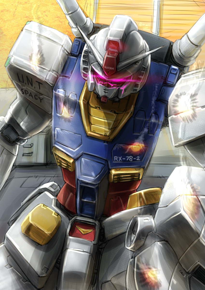 absurdres character_name damaged glowing glowing_eyes gundam highres looking_down mecha mobile_suit_gundam no_humans oberon826 pink_eyes rx-78-2 science_fiction solo v-fin