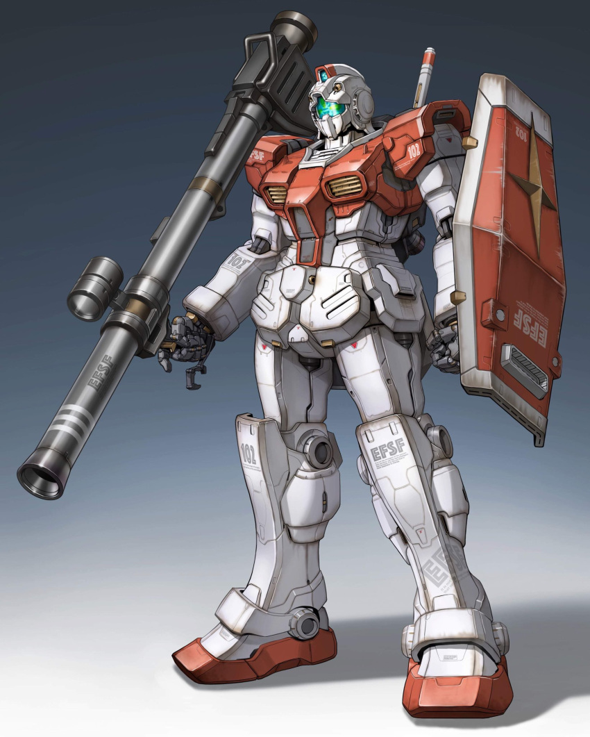 bazooka_(gundam) gm_(mobile_suit) gradient gradient_background gun gundam highres holding holding_gun holding_shield holding_weapon maeda_hiroyuki mecha mobile_suit mobile_suit_gundam no_humans redesign science_fiction shield solo standing visor weapon