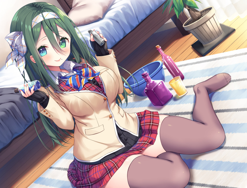 1girl absurdres asa_no_ha bangs bed bed_sheet beige_blazer black_legwear blanket blue_eyes bottle bowl breasts closed_mouth collared_shirt curtains dutch_angle green_eyes green_hair hair_ribbon hairband heterochromia highres holding holding_bottle indoors large_breasts leaf long_bangs long_hair looking_at_viewer mole mole_under_mouth non-web_source on_floor original pillow plaid plaid_skirt plaid_vest plant pleated_skirt potted_plant red_skirt red_vest ribbon rug school_uniform shirt sidelocks sitting skirt smile solo striped striped_neckwear sweater thigh-highs thighs uniform vest white_shirt wooden_floor zettai_ryouiki