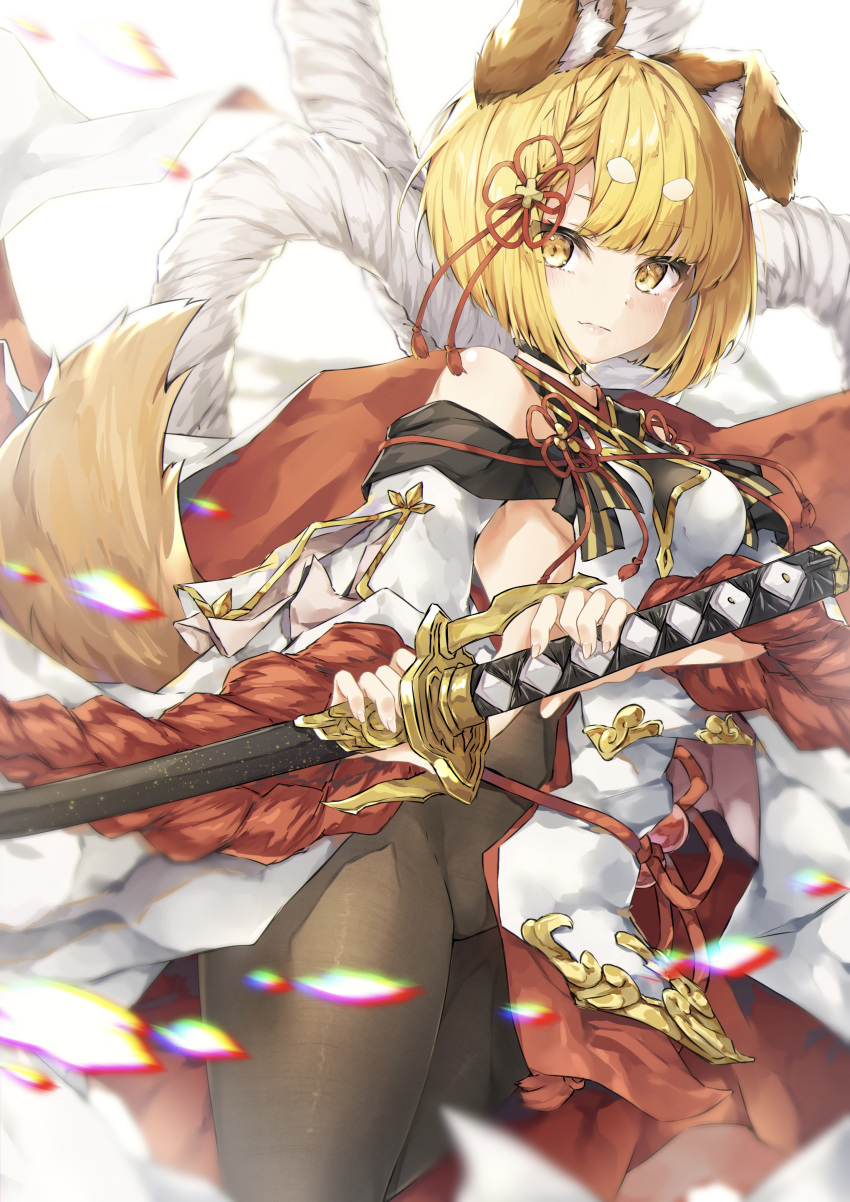 1girl absurdres animal_ears braid dog_ears dog_girl dog_tail erune granblue_fantasy highres holding holding_sword holding_weapon hyouta_(yoneya) japanese_clothes katana looking_at_viewer pantyhose pelvic_curtain rope scabbard sheath sheathed shimenawa sideless_outfit solo sword tail vajra_(granblue_fantasy) weapon