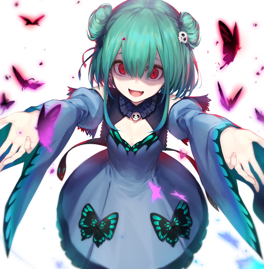 bug butterfly commentary_request detached_sleeves double_bun fang flat_chest gothic_lolita green_hair hair_between_eyes hair_ornament highres hololive insect lolita_fashion luen_kulo open_mouth outstretched_arms red_eyes short_hair simple_background spread_arms uruha_rushia virtual_youtuber white_background yandere