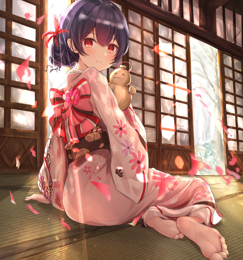 1girl absurdres bangs barefoot blush closed_mouth eyebrows_visible_through_hair feet floral_print flower from_side hair_bun hair_flower hair_ornament highres idolmaster idolmaster_shiny_colors japanese_clothes kimono long_sleeves looking_at_viewer morino_rinze obi petals print_kimono red_eyes sash sitting sky_cappuccino smile soles solo wide_sleeves