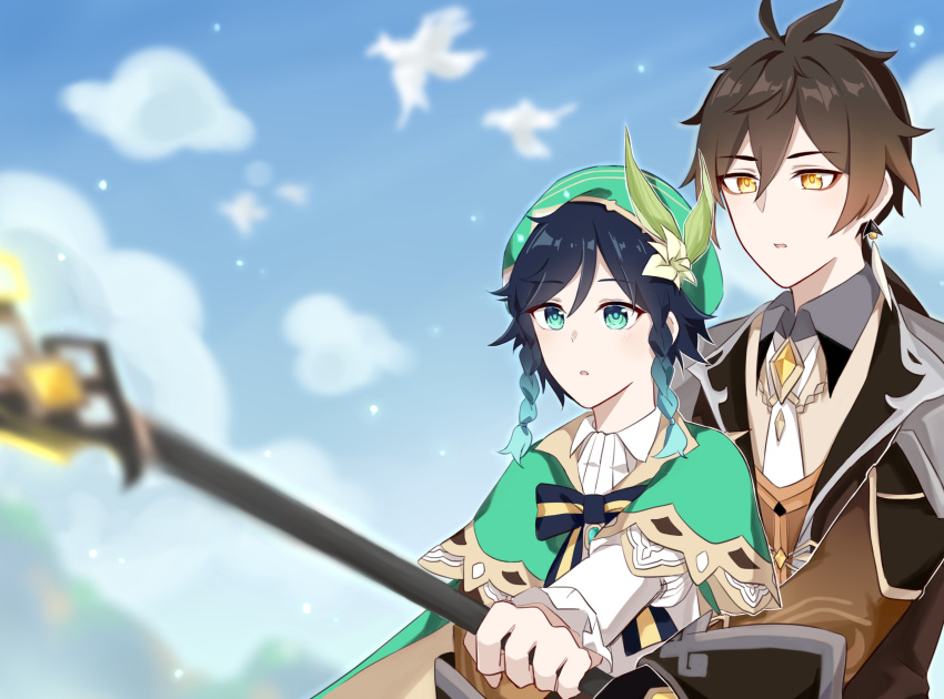 2boys bangs black_gloves black_hair blue_hair blurry blurry_background blurry_foreground bow braid brown_hair cape clouds cloudy_sky collar day earrings eyebrows_visible_through_hair flower formal frilled_sleeves frills gem genshin_impact gloves gradient_hair green_eyes green_headwear hair_between_eyes hair_flower hair_ornament hanayuuu1 hat highres holding holding_polearm holding_spear holding_weapon jacket jewelry long_hair long_sleeves male_focus multicolored_hair multiple_boys necktie open_mouth polearm ponytail ribbon single_earring sky spear suit tassel tassel_earrings twin_braids venti_(genshin_impact) weapon yellow_eyes zhongli_(genshin_impact)