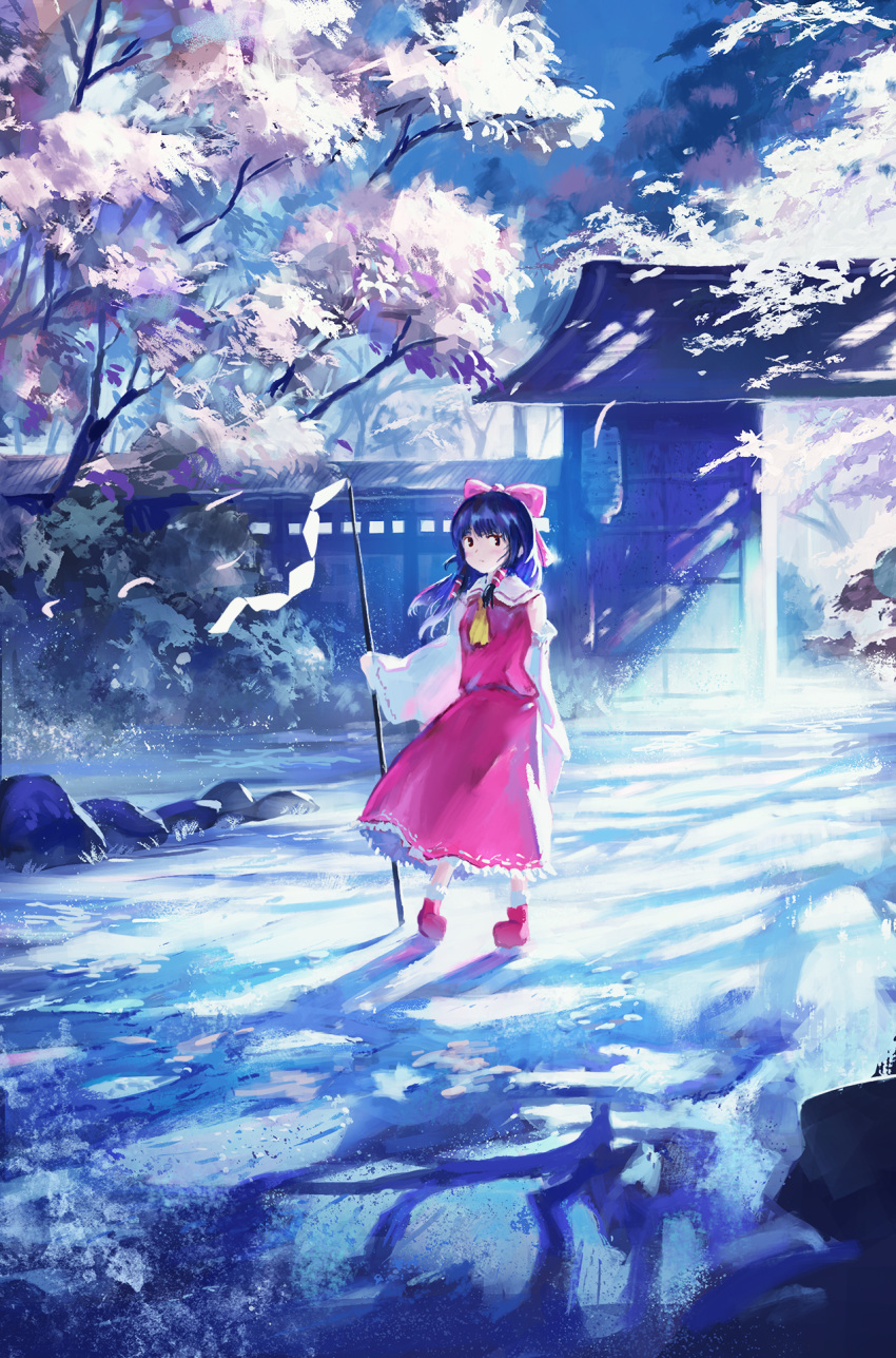1girl ascot bangs black_hair bow breasts closed_mouth day detached_sleeves expressionless fjsmu full_body gohei hair_bow hair_tubes hakurei_reimu highres holding holding_stick long_hair looking_at_viewer outdoors petticoat red_bow red_footwear red_skirt red_vest rock sidelocks skirt skirt_set sleeves_past_fingers sleeves_past_wrists small_breasts solo standing stick touhou tree vest wide_sleeves yellow_neckwear