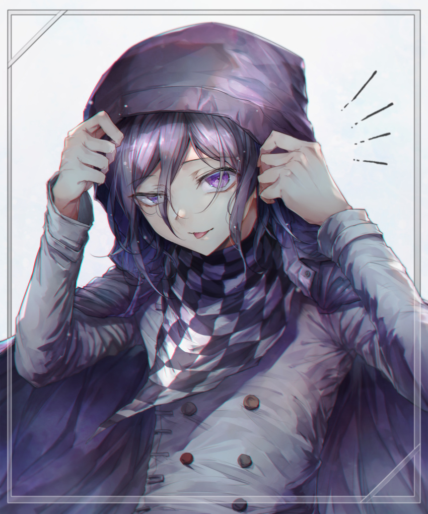 1boy black_cape black_hair cape checkered checkered_scarf commentary_request dangan_ronpa_(series) dangan_ronpa_v3:_killing_harmony double-breasted framed goto_(sep) grey_jacket hair_between_eyes hands_up highres hood hood_up hooded_cape jacket long_sleeves looking_at_viewer male_focus open_mouth ouma_kokichi pale_skin purple_hair scarf shiny shiny_hair smile solo tongue tongue_out upper_body violet_eyes white_background