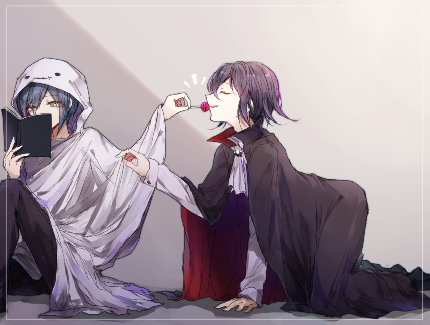 2boys all_fours bangs black_cape black_hair black_pants blue_hair book candy cape closed_eyes commentary_request dangan_ronpa_(series) dangan_ronpa_v3:_killing_harmony food from_side ghost_costume goto_(sep) grey_background holding hood jewelry knee_up long_sleeves male_focus multiple_boys ouma_kokichi pants profile purple_hair red_cape saihara_shuuichi shiny shiny_hair short_hair sitting smile two-sided_fabric