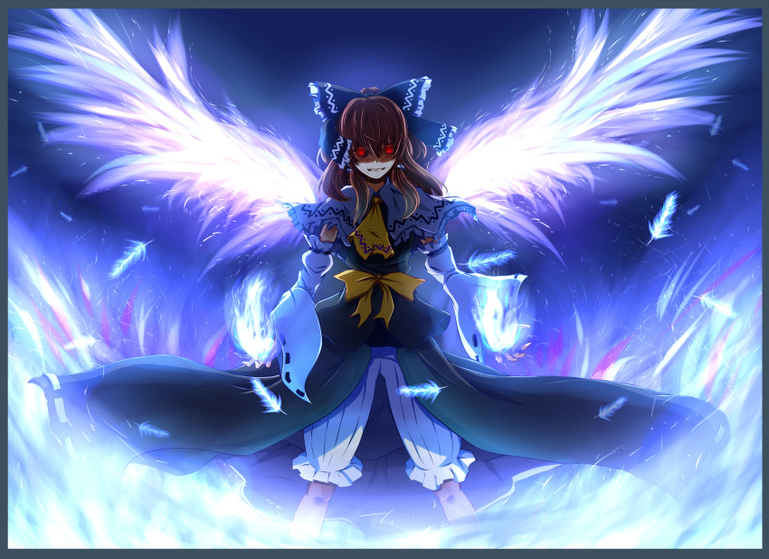 1girl alternate_color bangs black_sclera bloomers blue_border blue_bow blue_fire border bow brown_hair capelet colored_sclera commentary_request cookie_(touhou) detached_sleeves dress energy_wings feathered_wings feathers fire full_body glowing glowing_eyes green_dress grin hair_between_eyes hair_bow hair_tubes hakurei_reimu highres kanna_(cookie) long_hair looking_at_viewer magic nontraditional_miko red_eyes ribbon-trimmed_sleeves ribbon_trim sakuna_brownie shaded_face sidelocks smile solo standing touhou underwear white_capelet white_sleeves wings yellow_neckwear