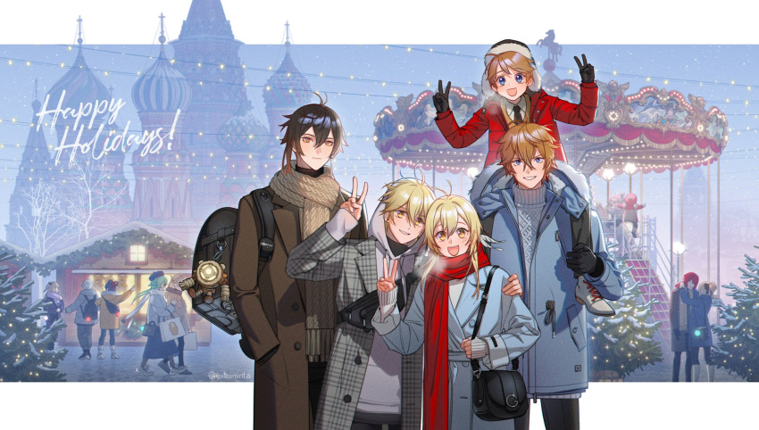 6+boys 6+girls :d aether_(genshin_impact) ahoge albedo_(genshin_impact) antenna_hair backpack bag beige_scarf bennett_(genshin_impact) black_bow black_gloves black_headwear black_neckwear blonde_hair blue_coat blue_eyes blue_hair bow brother_and_sister brothers brown_hair buttons carousel carrying character_doll christmas_tree church church_of_the_savior_on_blood coat contemporary diluc_(genshin_impact) english_commentary extra_minta feathers fischl_(genshin_impact) flower fur_hat genshin_impact gloves green_hair hair_bow hair_feathers hair_flower hair_ornament handbag happy_holidays hat highres jean_gunnhildr klee_(genshin_impact) lumine_(genshin_impact) multiple_boys multiple_girls necktie open_mouth orange_hair outdoors ponytail real_world_location red_scarf redhead ruin_guard russia saint_petersburg scarf shirt shoulder_carry siblings smile snow sucrose_(genshin_impact) sweater tartaglia_(genshin_impact) teucer_(genshin_impact) twins ushanka white_shirt white_sweater winter xiangling_(genshin_impact) yellow_eyes zhongli_(genshin_impact)