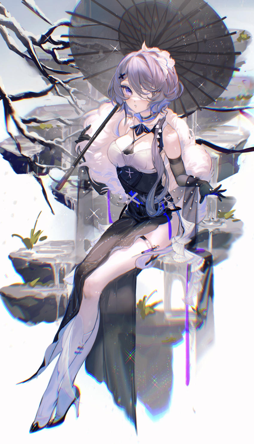 1girl absurdres arknights bangs bare_shoulders black_dress black_gloves black_umbrella blue_eyes breasts dress elbow_gloves eyepatch feather_boa gloves high_heels highres looking_at_viewer medium_breasts oil-paper_umbrella rumoon_cocoa side_slit silver_hair sitting solo thighs umbrella whisperain_(arknights)