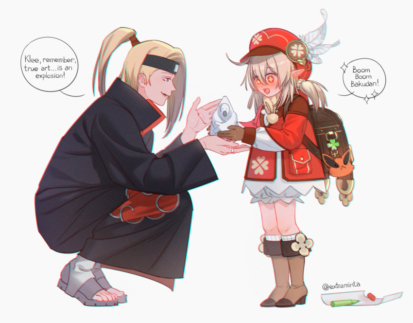 1boy 1girl akatsuki_(naruto) akatsuki_uniform blonde_hair bomb boots brown_bag brown_footwear clover clover_print crayon crossover deidara dress extra_minta fold-over_boots four-leaf_clover genshin_impact hair_over_one_eye hat hat_feather high_ponytail highres klee_(genshin_impact) kneeling long_hair low_twintails medium_hair naruto naruto_(series) paper pocket pointy_ears red_dress red_headwear short_twintails trait_connection twintails very_long_hair