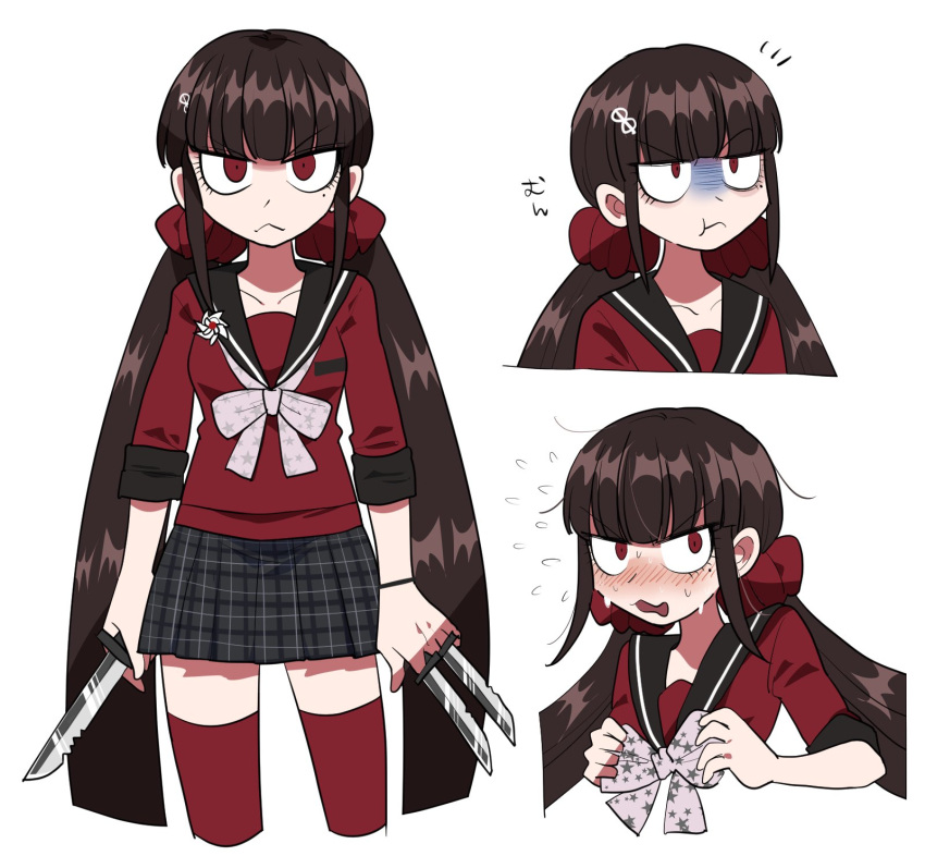 1girl :&lt; bangs blunt_bangs blush closed_mouth collarbone commentary_request cropped_legs dangan_ronpa_(series) dangan_ronpa_v3:_killing_harmony eyebrows_visible_through_hair flying_sweatdrops furukawa_(yomawari) hair_ornament harukawa_maki highres holding holding_knife knife long_hair looking_at_viewer low_twintails mole mole_under_eye open_mouth pale_skin plaid pleated_skirt pout red_eyes red_legwear red_scrunchie sailor_collar scrunchie shirt simple_background skirt thigh-highs twintails white_background zettai_ryouiki
