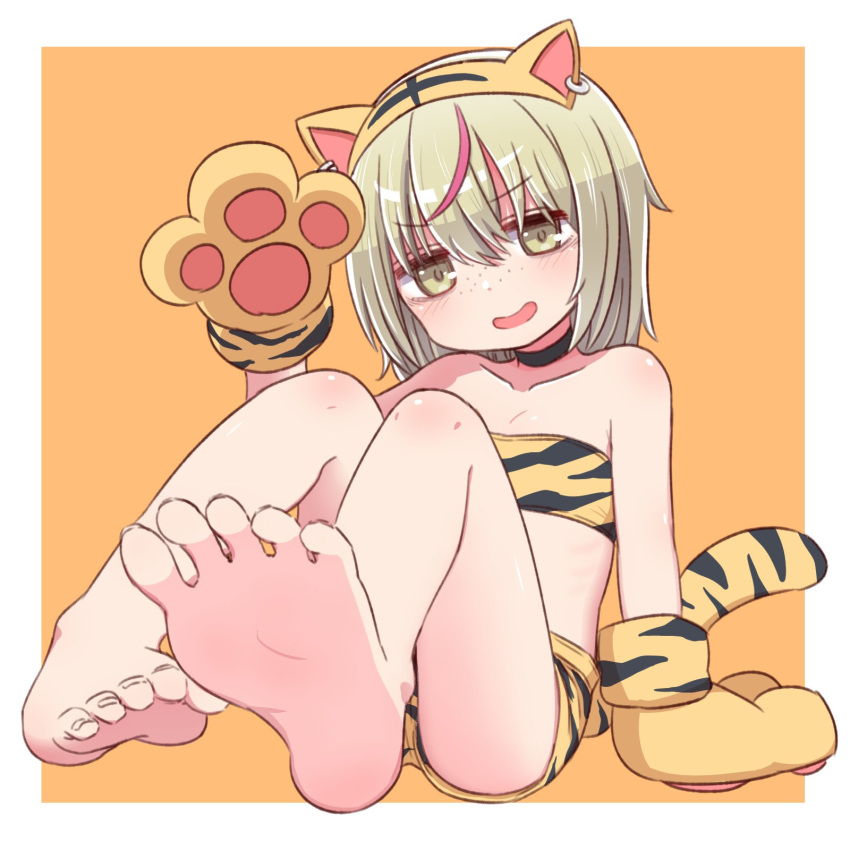 1girl animal_ears animal_print bandeau bangs bare_legs bare_shoulders barefoot black_choker blush brown_background brown_eyes brown_hair character_request choker collarbone commentary_request eyebrows_visible_through_hair fake_animal_ears feet freckles gloves hair_between_eyes highres knees_up legs looking_at_viewer multicolored_hair naga_u open_mouth paw_gloves paws print_shorts redhead short_shorts shorts sitting smile soles solo streaked_hair tail tiger_ears tiger_print tiger_tail toranoana two-tone_background white_background yellow_gloves yellow_shorts