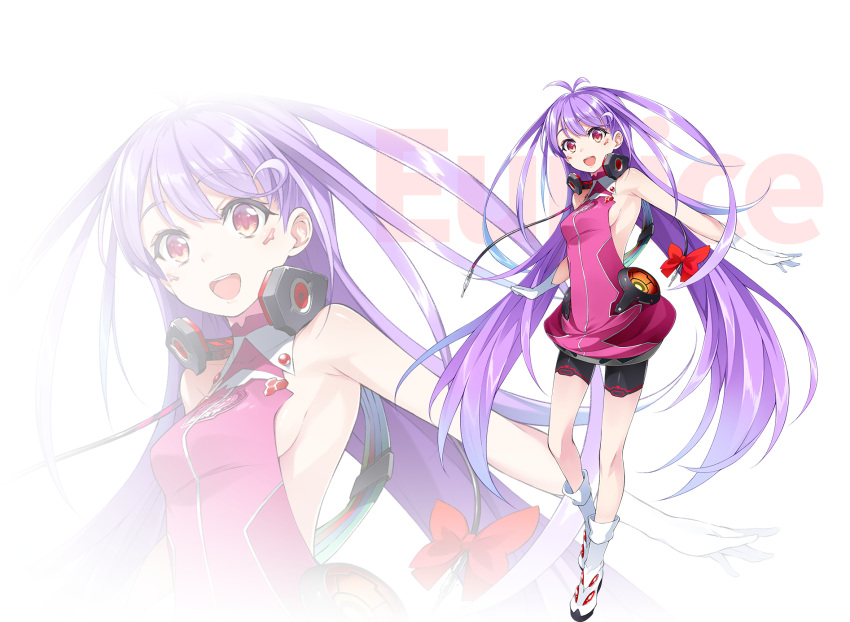 1girl backless_dress backless_outfit blue_hair bow breasts character_name dress eunice_airy gradient_hair headphones headphones_around_neck highres long_hair multicolored_hair official_art open_mouth pink_dress red_bow sideboob small_breasts smile solo super_robot_wars super_robot_wars_dd transparent_background very_long_hair wire yamamoto_keiji zoom_layer