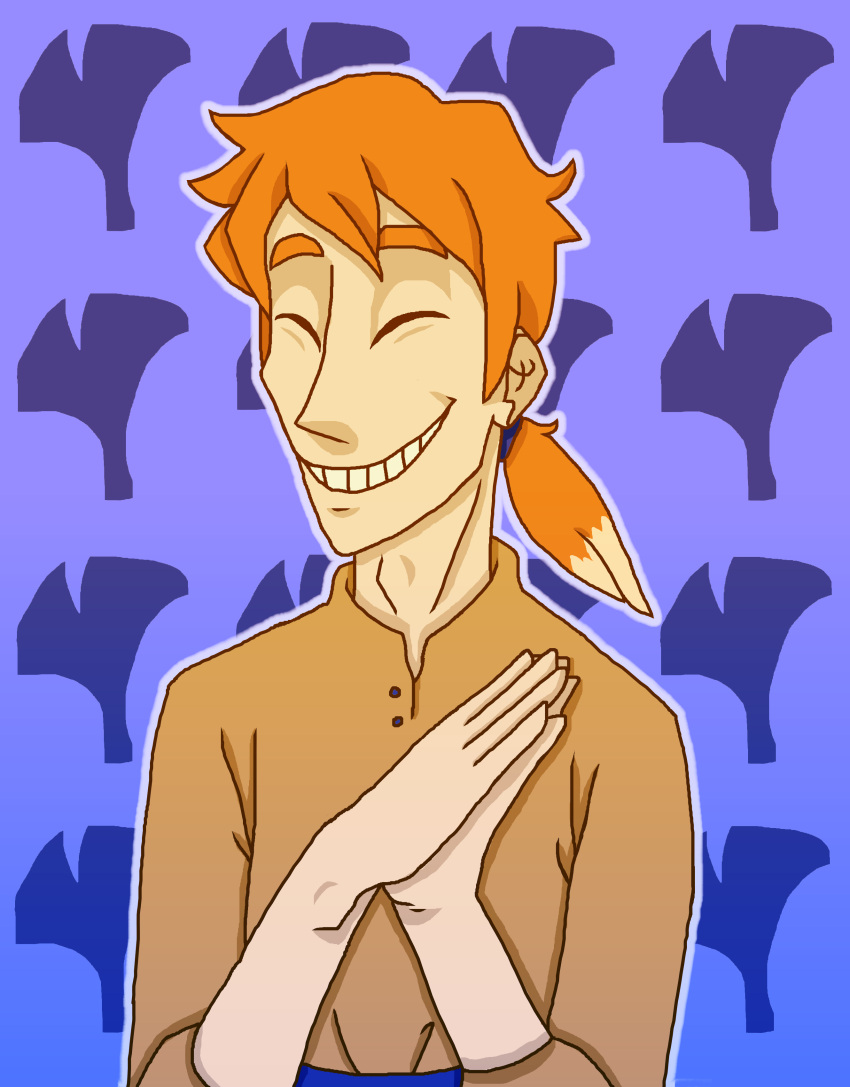 adam&amp;#039;s_apple animal_crossing blue_background closed_eyes hands_together humanization leechlord orange_hair ponytail simple_background two-tone_hair