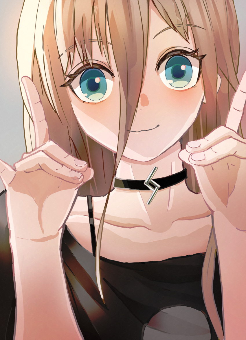 1girl :3 absurdres black_shirt blue_eyes cevio close-up collarbone commentary grey_background hair_between_eyes hands_up highres ia_(vocaloid) long_hair looking_at_viewer pendant_choker platinum_blonde_hair shirt shiyomifu smile solo upper_body vocaloid