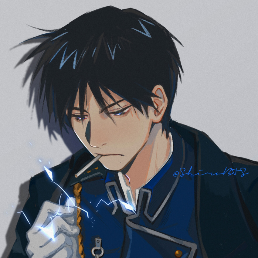1boy aiguillette amestris_military_uniform black_coat black_eyes black_hair blue_jacket chain cigarette close-up closed_mouth coat collared_jacket electricity expressionless face facing_viewer fullmetal_alchemist gloves grey_background half-closed_eyes hand_up jacket jitome light looking_down male_focus mouth_hold open_clothes open_coat reflection reflective_eyes roy_mustang school_uniform shaded_face shadow shiny shiny_hair shiro_bts simple_background snapping_fingers sparks twitter_username uniform upper_body white_gloves