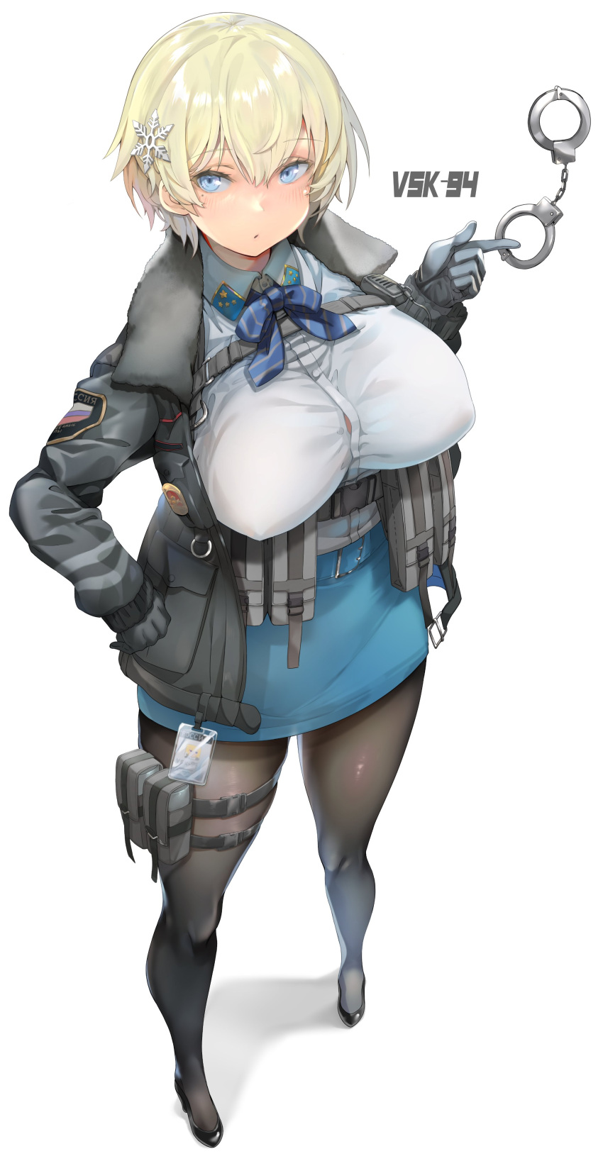 1girl :o absurdres bangs black_footwear black_gloves black_jacket black_legwear blonde_hair blue_eyes blue_neckwear bow bowtie breasts button_gap character_name collared_shirt covered_nipples cuffs eyebrows_visible_through_hair full_body girls_frontline gloves hair_ornament hand_on_hip handcuffs high_heels highres id_card jacket large_breasts light_blush load_bearing_vest looking_at_viewer pantyhose pouch russian_flag shadow sharekoube shirt short_hair sidelocks skirt snowflake_hair_ornament solo taut_clothes taut_skirt thigh_pouch tsurime vsk-94_(girls_frontline) white_background white_shirt