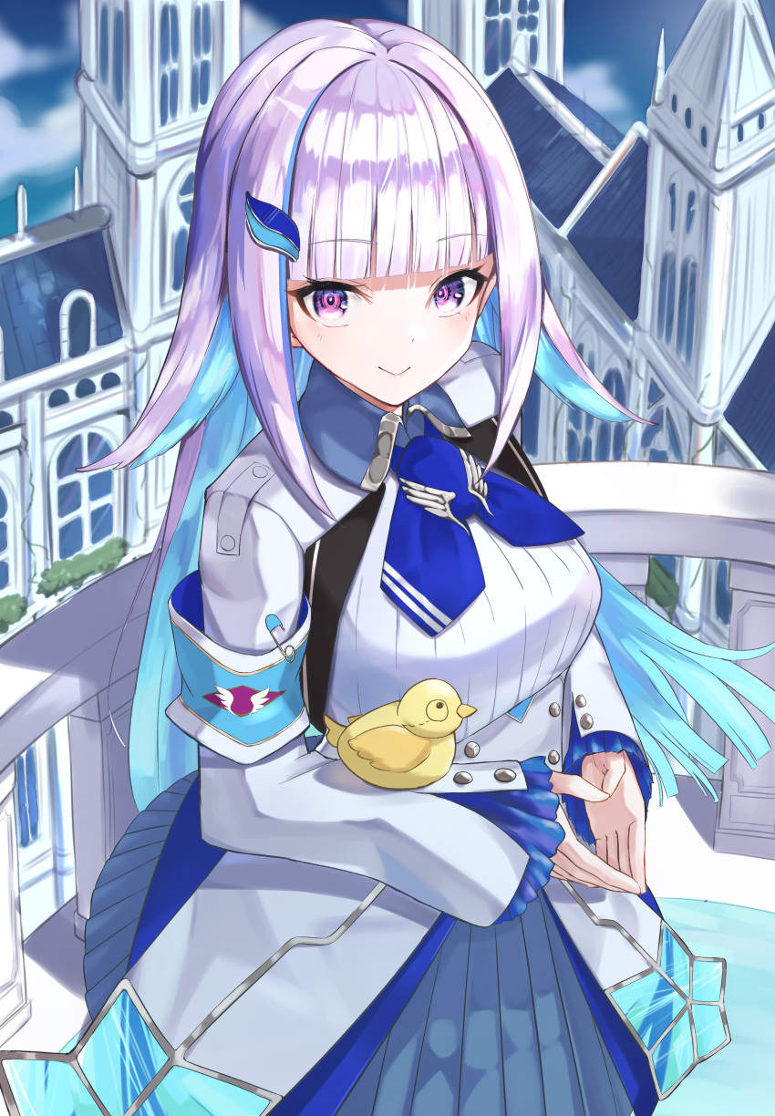 1girl absurdres appo_(36786257) bangs blue_hair blunt_bangs blush breasts eyebrows_visible_through_hair hair_ornament highres huge_filesize large_breasts leaf_hair_ornament lize_helesta long_hair long_sleeves looking_at_viewer multicolored_hair nijisanji smile solo two-tone_hair violet_eyes virtual_youtuber white_hair