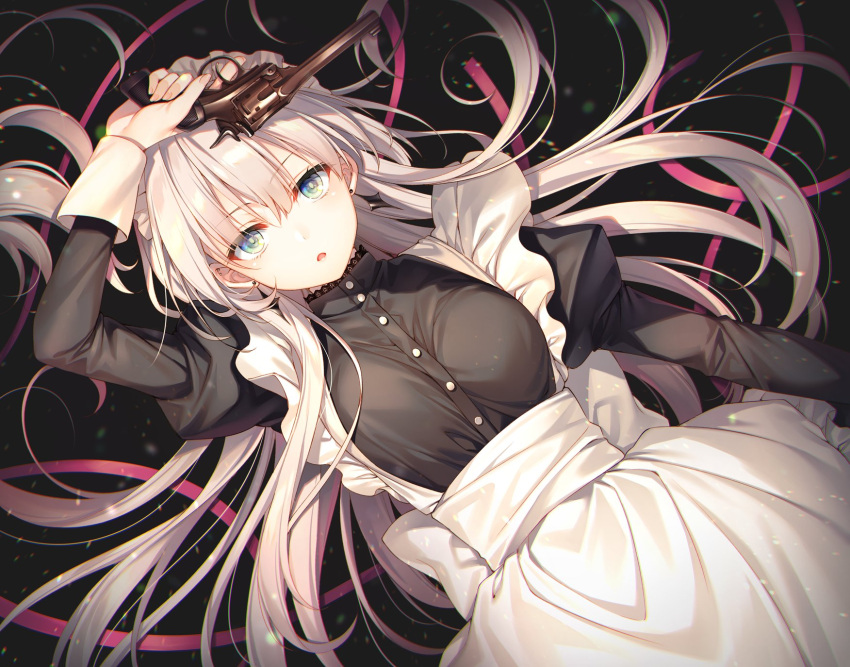 1girl apron black_background black_dress blue_eyes breasts dress earrings floating_hair grey_hair gun handgun highres holding holding_gun holding_weapon jewelry juliet_sleeves large_breasts long_sleeves looking_at_viewer maid maid_apron maid_headdress original parted_lips puffy_sleeves revolver solo string string_of_fate stud_earrings toosaka_asagi trigger_discipline weapon white_apron