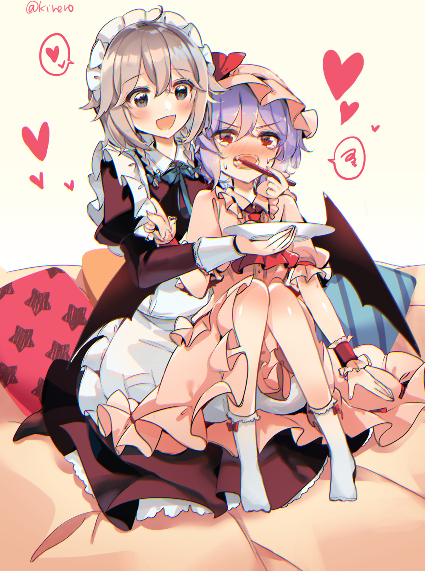 2girls :d adapted_costume ahoge angry annoyed apron apron_tug artist_name ascot bat_wings black_dress blue_bow blue_eyes blue_neckwear blush bow bowtie brushing_another's_teeth commentary_request cushion dress embarrassed frilled_apron frilled_shirt frilled_shirt_collar frilled_sleeves frills hair_bow happy hat headdress heart highres holding holding_clothes holding_plate holding_toothbrush izayoi_sakuya juliet_sleeves kirero knees_together_feet_apart long_sleeves maid maid_apron maid_headdress mob_cap multiple_girls no_shoes nose_blush open_mouth pink_shirt pink_skirt plate puffy_short_sleeves puffy_sleeves purple_hair red_eyes red_neckwear remilia_scarlet ribbon_trim shirt short_hair short_sleeves sidelocks silver_hair skirt skirt_set smile speech_bubble spoken_heart spoken_squiggle squiggle star_(symbol) sweatdrop tearing_up tears toothbrush toothbrush_in_mouth touhou twitter_username v-shaped_eyebrows white_apron white_legwear wings