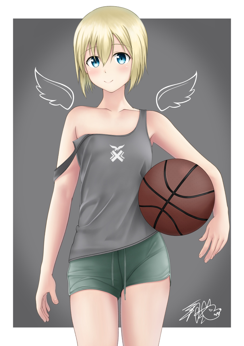 1girl absurdres armpit_peek ball basketball blonde_hair blue_eyes blush border breasts closed_mouth collarbone erica_hartmann green_shorts grey_background grey_tank_top highres holding holding_ball looking_at_viewer satukiookami shiny shiny_hair shiny_skin short_hair shorts simple_background small_breasts smile solo strike_witches tank_top white_border world_witches_series