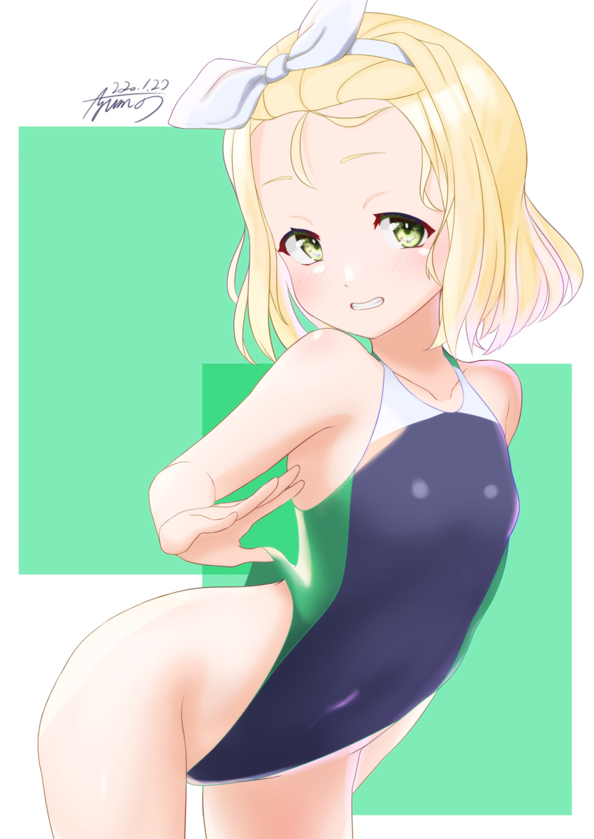 1girl absurdres arched_back ayuman blonde_hair commission commissioner_upload competition_swimsuit cowboy_shot dated flat_chest forehead green_eyes grin hairband highleg highleg_swimsuit highres kantai_collection looking_at_viewer luigi_torelli_(kantai_collection) one-piece_swimsuit short_hair signature smile solo swimsuit white_hairband