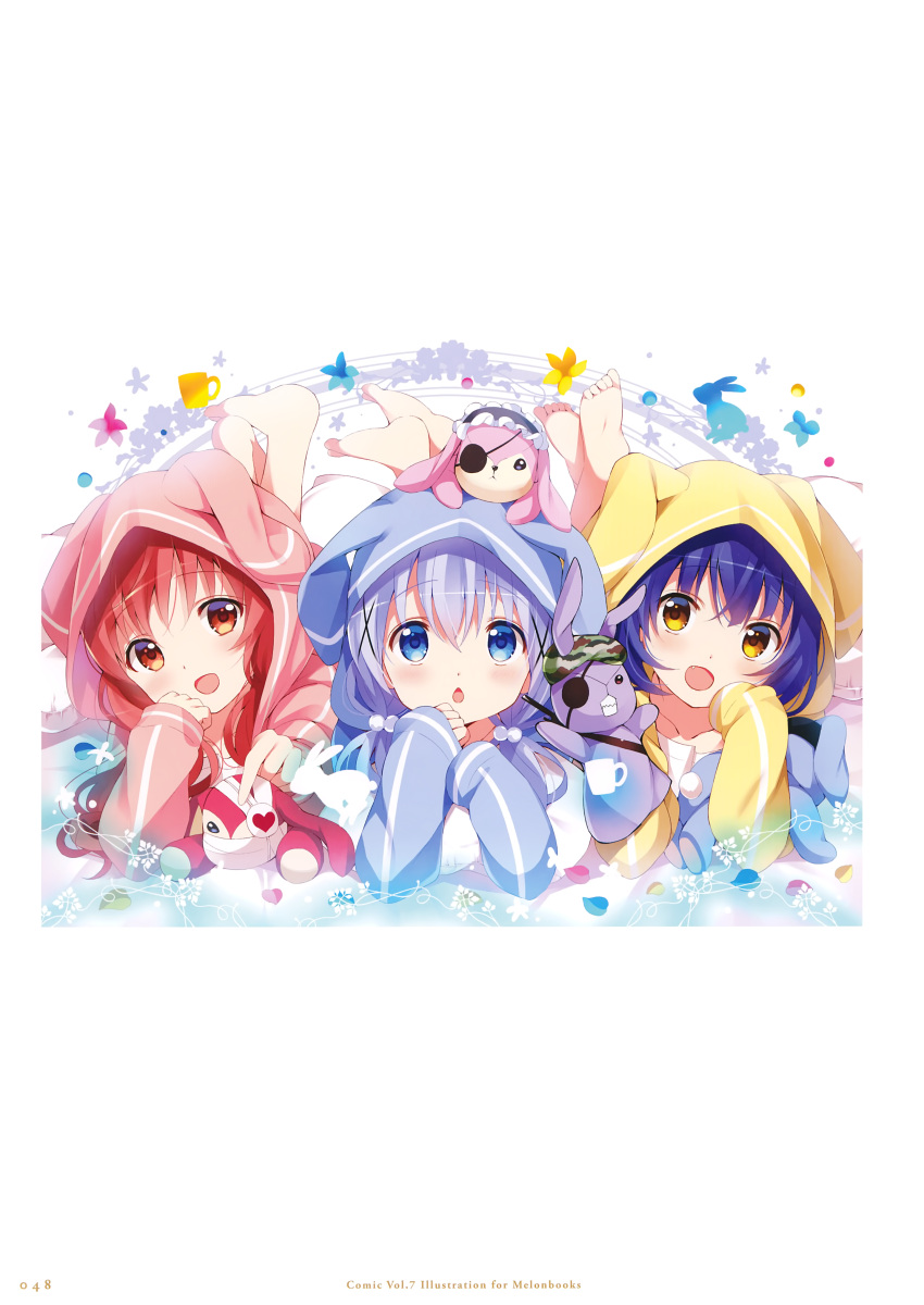 3girls :d absurdres bangs barefoot blue_eyes blue_hair cardigan chestnut_mouth collarbone eyebrows_visible_through_hair fang gochuumon_wa_usagi_desu_ka? hair_between_eyes hair_bobbles hair_ornament highres hood hood_up hooded_cardigan jouga_maya kafuu_chino koi_(koisan) leg_up long_hair looking_at_viewer lying multiple_girls natsu_megumi on_stomach open_mouth petals pink_cardigan red_eyes redhead shirt short_hair silver_hair sleeves_past_wrists smile soles stuffed_animal stuffed_toy the_pose white_shirt yellow_cardigan yellow_eyes