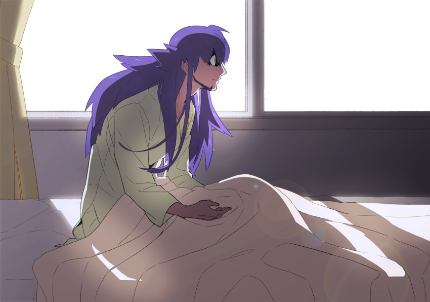 1boy alternate_costume commentary_request curtains dark_skin dark_skinned_male facial_hair highres indoors korean_commentary lens_flare leon_(pokemon) long_hair male_focus pajamas parted_lips pokemon pokemon_(game) pokemon_swsh purple_hair redlhzz solo under_covers window