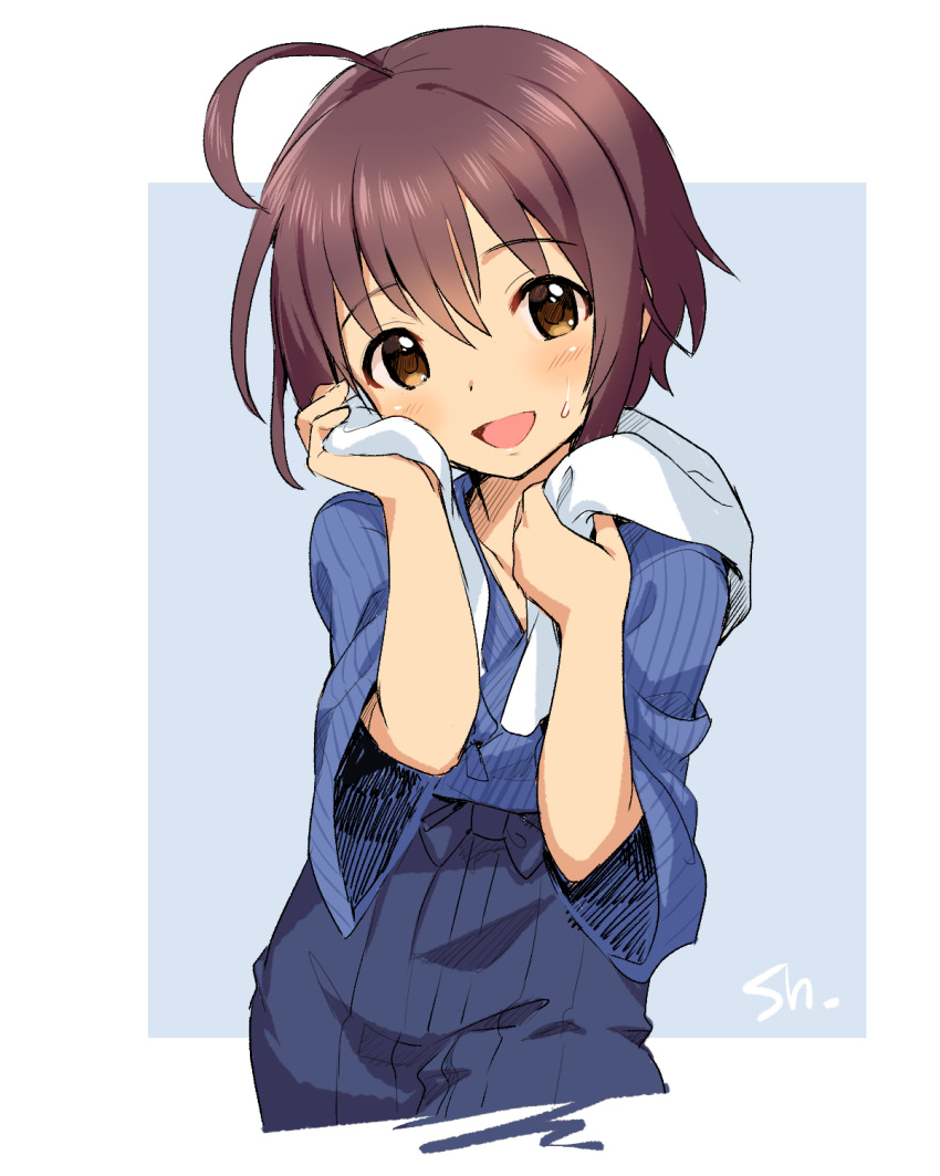 1girl :d ahoge brown_eyes brown_hair commentary_request cowboy_shot fuchsia hakama highres idolmaster idolmaster_cinderella_girls japanese_clothes kimono looking_at_viewer open_mouth short_hair smile solo sweat towel wakiyama_tamami white_background white_towel wide_sleeves wiping_face