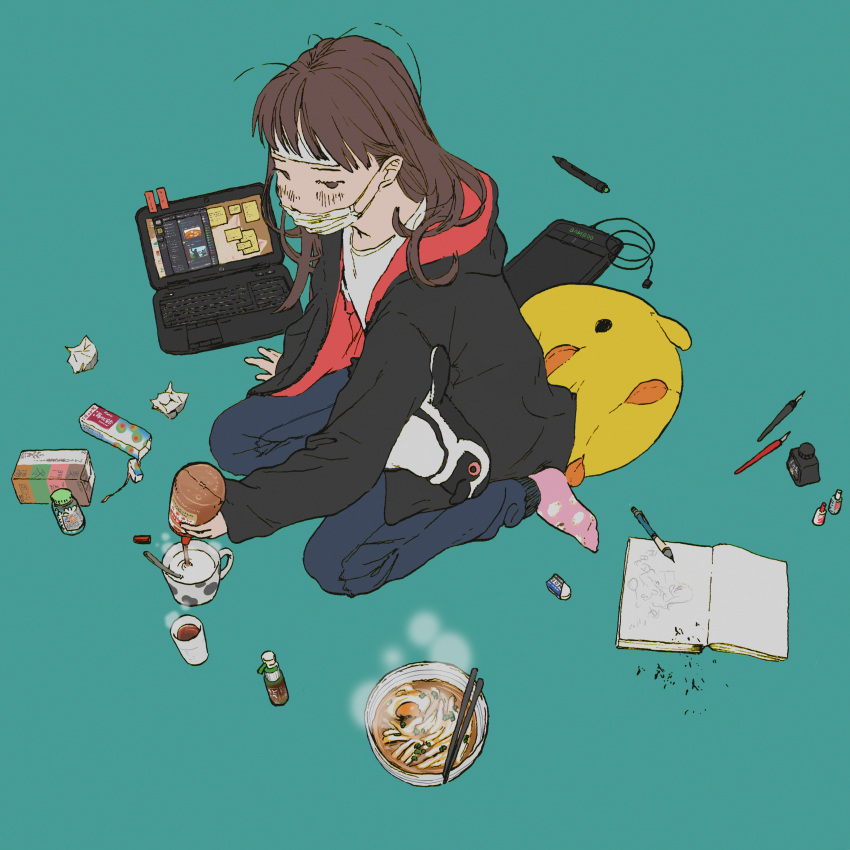 1girl absurdres animal_pillow aqua_background black_jacket blue_pants blush book bowl brown_eyes brown_hair chopsticks coffee_mug commentary_request computer cooling_pad crumpled_paper cup discord drawing_tablet egg eraser food full_body highres honey huge_filesize inkwell jacket laptop long_hair mask mouth_mask mug no_pupils noodles open_book original pants pen pencil pink_legwear pouring ramen shiki_haru shirt simple_background sitting socks solo spoon steam stylus surgical_mask teacup track_pants wariza white_shirt