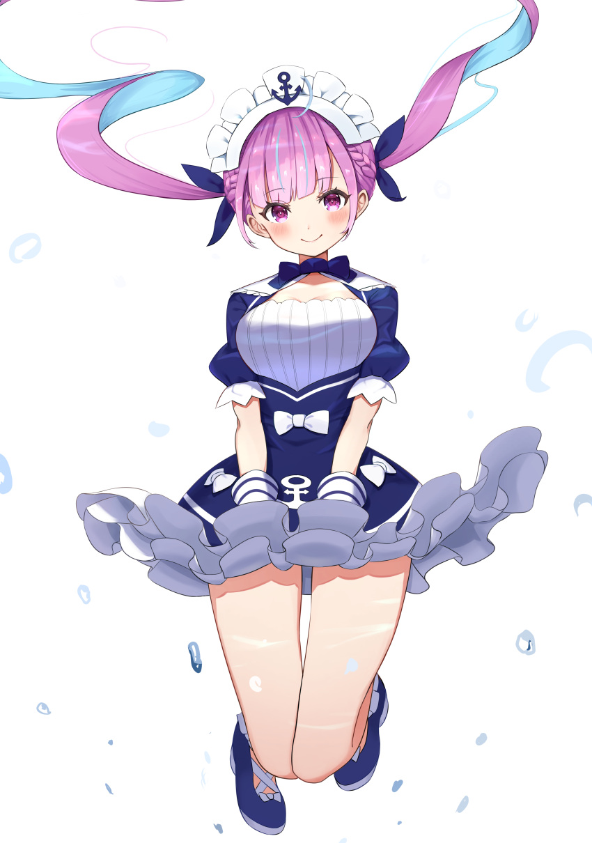 1girl absurdres ahoge appo_(36786257) bangs blue_hair blush braid breasts closed_mouth colored_inner_hair dress eyebrows_visible_through_hair hair_ribbon highres hololive jumping long_hair looking_at_viewer maid maid_headdress medium_breasts minato_aqua multicolored_hair pink_eyes pink_hair ribbon simple_background smile solo twintails two-tone_hair virtual_youtuber white_background wind wind_lift