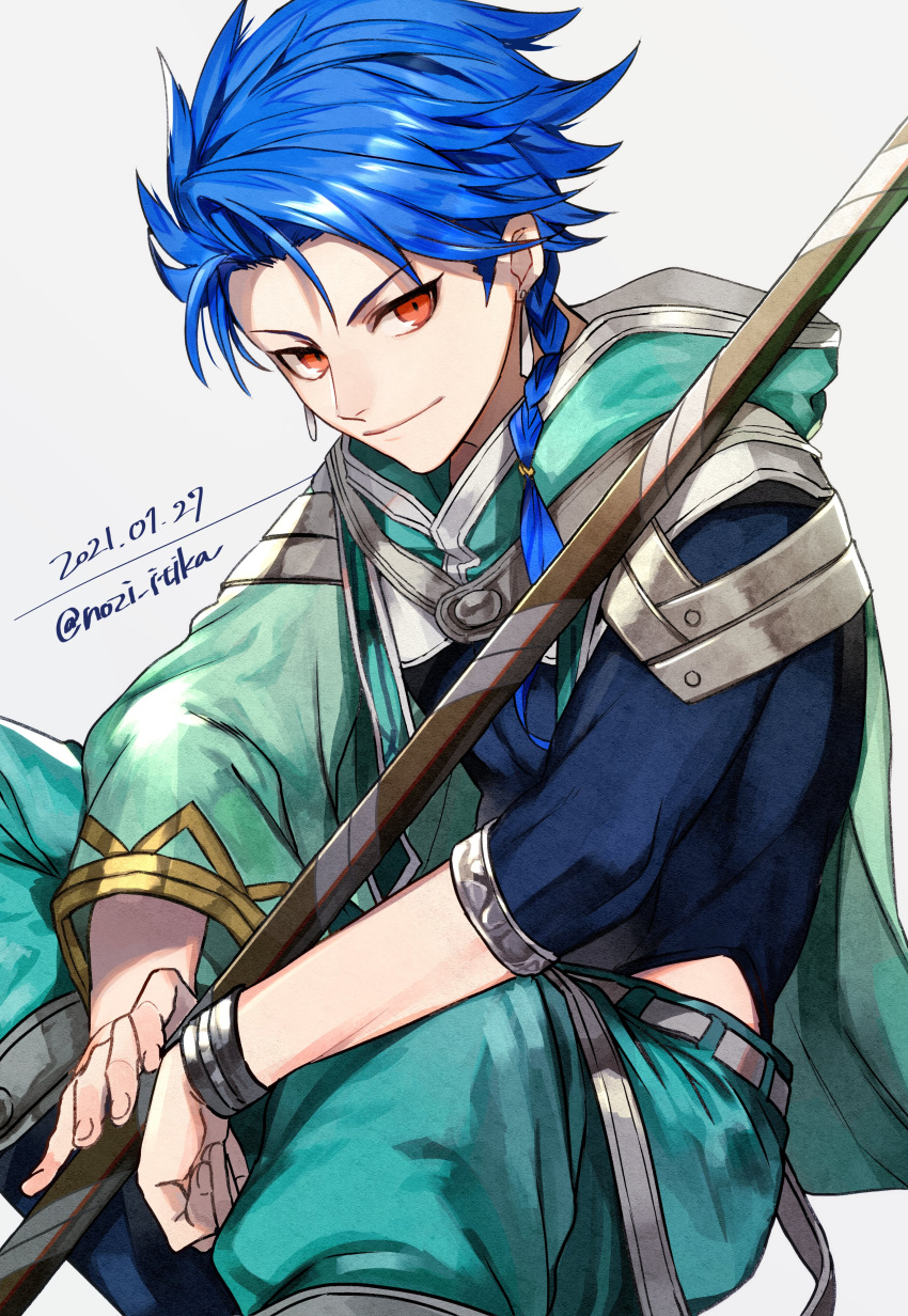 1boy 2f_sq absurdres blue_hair braid closed_mouth cu_chulainn_(fate)_(all) dated earrings fate/grand_order fate/grand_order_arcade fate_(series) grey_background highres hood hood_down jewelry looking_at_viewer male_focus medium_hair red_eyes setanta_(fate) simple_background single_braid sitting smile solo twitter_username
