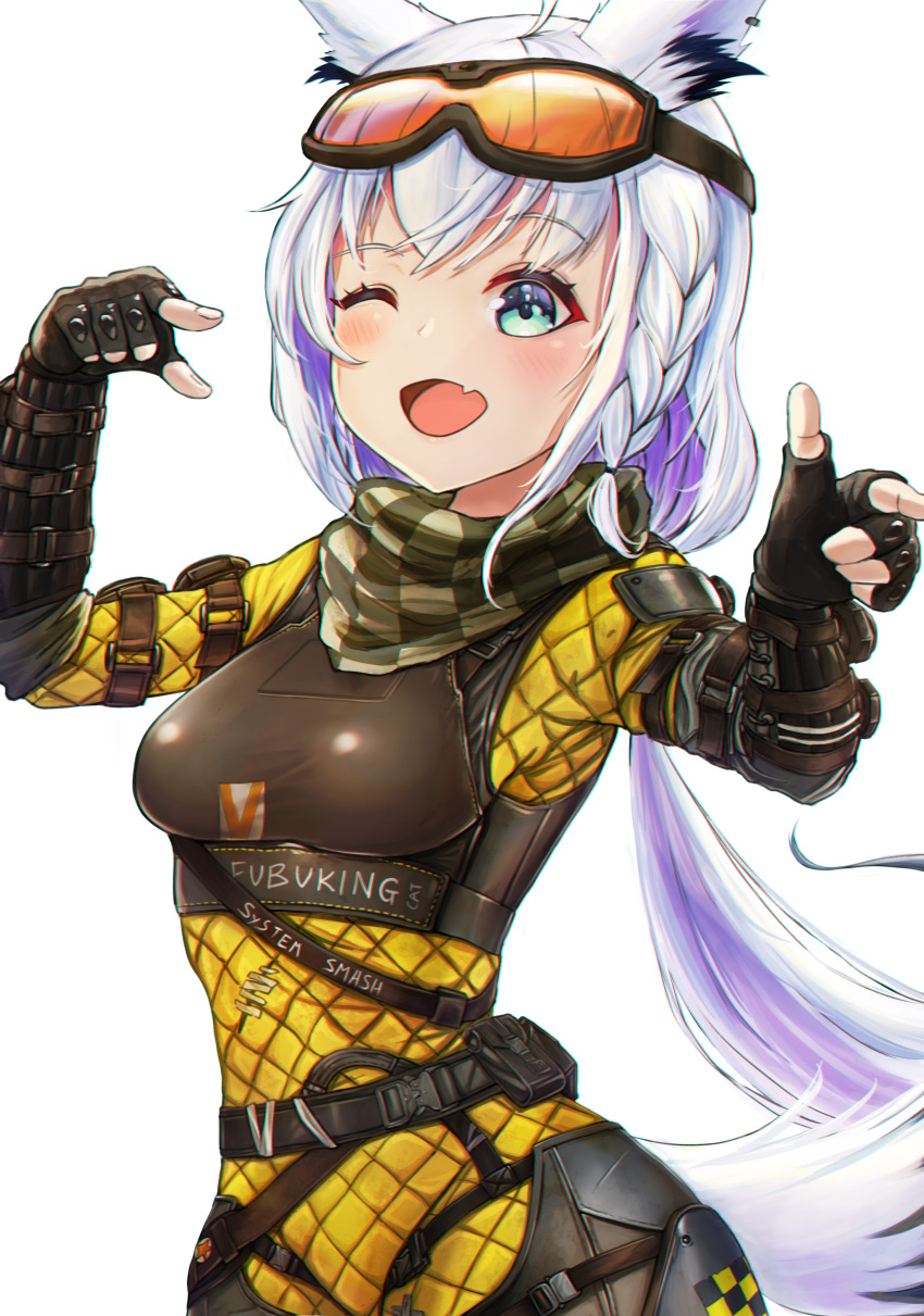 1girl absurdres ahoge animal_ears apex_legends bangs belt black_gloves blush bodysuit braid breasts cosplay english_commentary eyebrows_visible_through_hair fang fingerless_gloves foongsheng fox_ears fox_girl fox_tail gloves goggles goggles_on_head green_eyes hair_between_eyes highres hololive long_hair looking_at_viewer medium_breasts mirage_(apex_legends) mirage_(apex_legends)_(cosplay) one_eye_closed open_mouth scarf shirakami_fubuki sidelocks simple_background single_braid skin_fang solo tail virtual_youtuber white_background white_hair yellow_bodysuit