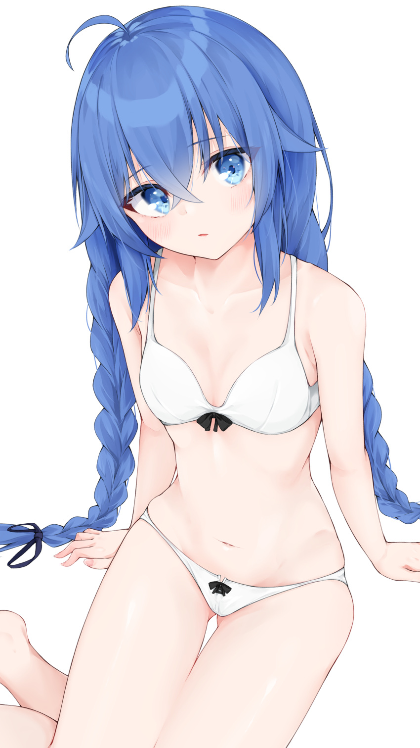 1girl absurdres ahoge arm_support bangs bare_arms bare_legs bare_shoulders barefoot black_ribbon blue_eyes blue_hair bow bow_bra bow_panties bra braid breasts collarbone commentary_request eyebrows_visible_through_hair feet_out_of_frame hair_between_eyes hair_flaps hair_ribbon highres hijouguti long_hair looking_at_viewer mushoku_tensei panties parted_lips ribbon roxy_migurdia simple_background sitting small_breasts solo twin_braids underwear underwear_only very_long_hair white_background white_bra white_panties yokozuwari