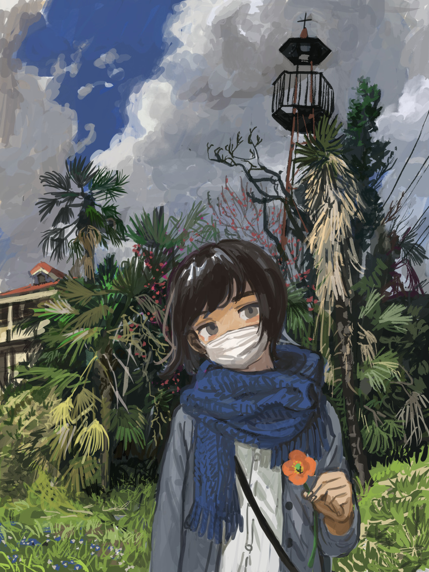 1girl absurdres bangs black_hair blue_flower blue_neckwear blue_scarf bob_cut cardigan clouds cloudy_sky commentary dress_shirt flower foliage grass grey_cardigan head_tilt highres holding holding_flower house huge_filesize looking_at_viewer mask minahamu mouth_mask open_cardigan open_clothes orange_flower original palm_tree power_lines scarf school_uniform shirt short_hair sky solo strap swept_bangs thick_eyebrows tower tree upper_body white_shirt