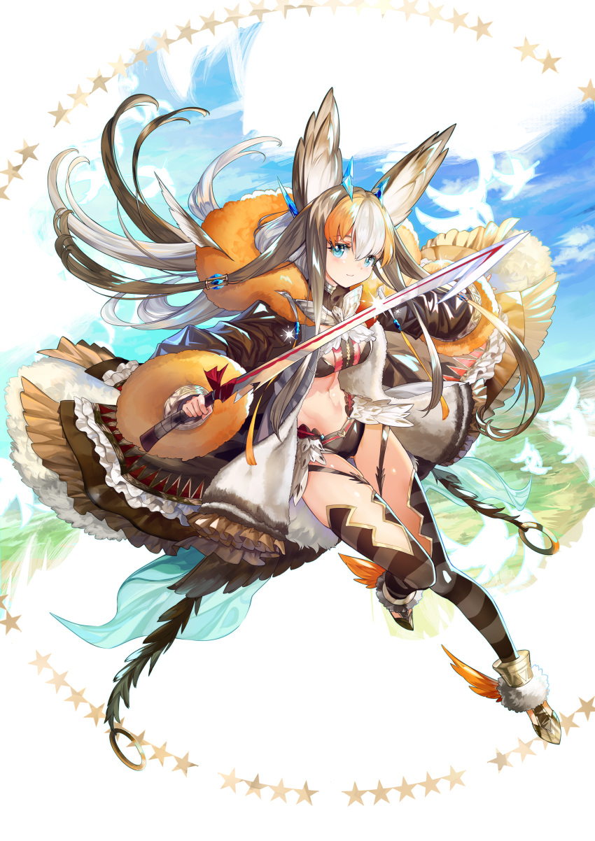 1girl absurdres animal_ears bangs blue_eyes breasts brown_hair coat eyebrows_visible_through_hair fur_trim highres holding holding_sword holding_weapon long_hair looking_at_viewer medium_breasts mizushirazu multicolored_hair open_clothes open_coat original personification solo striped striped_legwear sword thigh-highs weapon