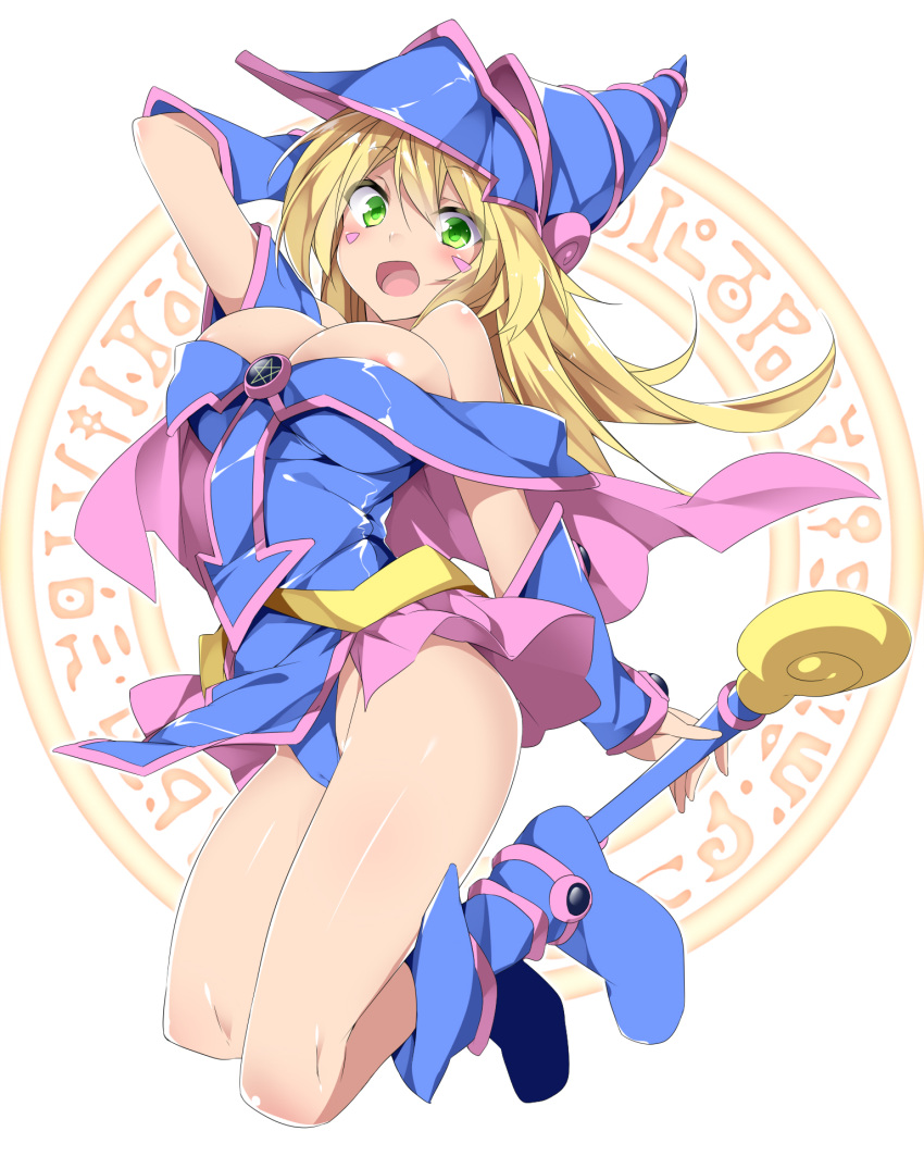 1girl bare_shoulders blonde_hair blue_footwear blush_stickers boots breasts choker cleavage dark_magician_girl duel_monster green_eyes hat hexagram highres large_breasts mtu_(orewamuzituda) panties pantyshot pentacle pentagram solo staff underwear wand wizard_hat yu-gi-oh! yuu-gi-ou yuu-gi-ou_duel_monsters