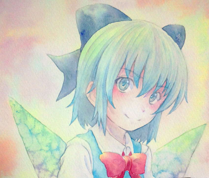 1girl blue_eyes blue_hair bow cirno hair_bow ice ice_wings smile solo touhou traditional_media watercolor_(medium) wings yuyu_(00365676)